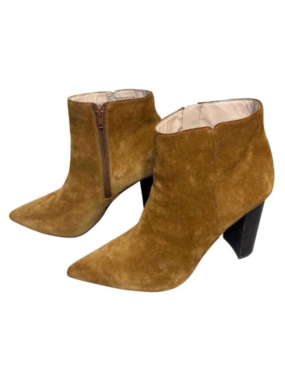 Saks Fifth Avenue Camel Suede Pointed Toe High Heel Ankle Boots 9.5M Block Heel - Picture 4 of 13
